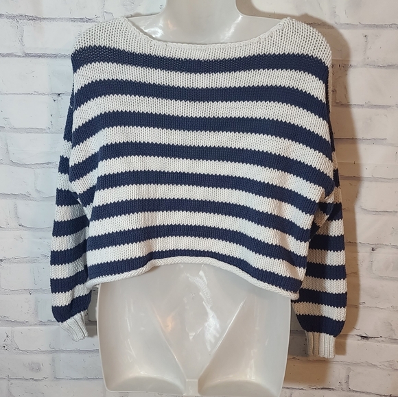 Aerie White Navy Striped Wide Neck Cropped Sweater - Picture 2 of 4